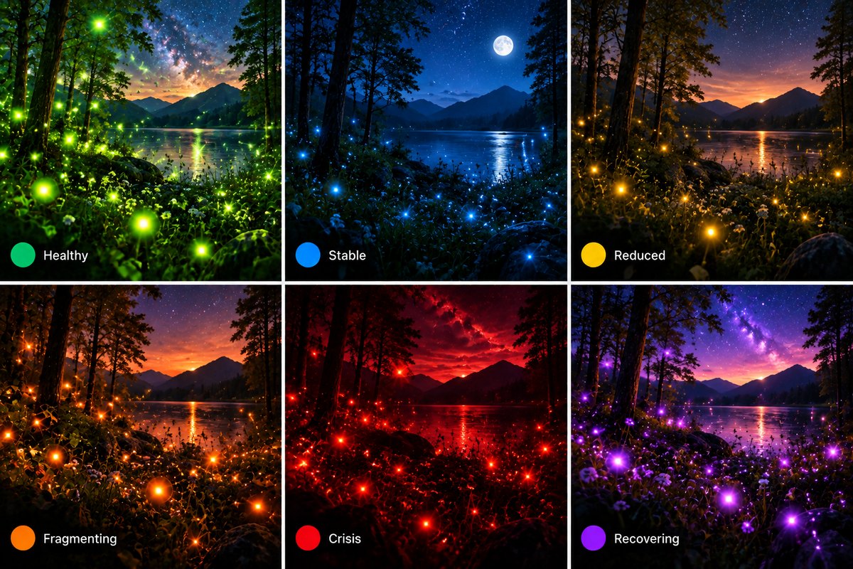 Six wellbeing states shown against night forest lake scenes