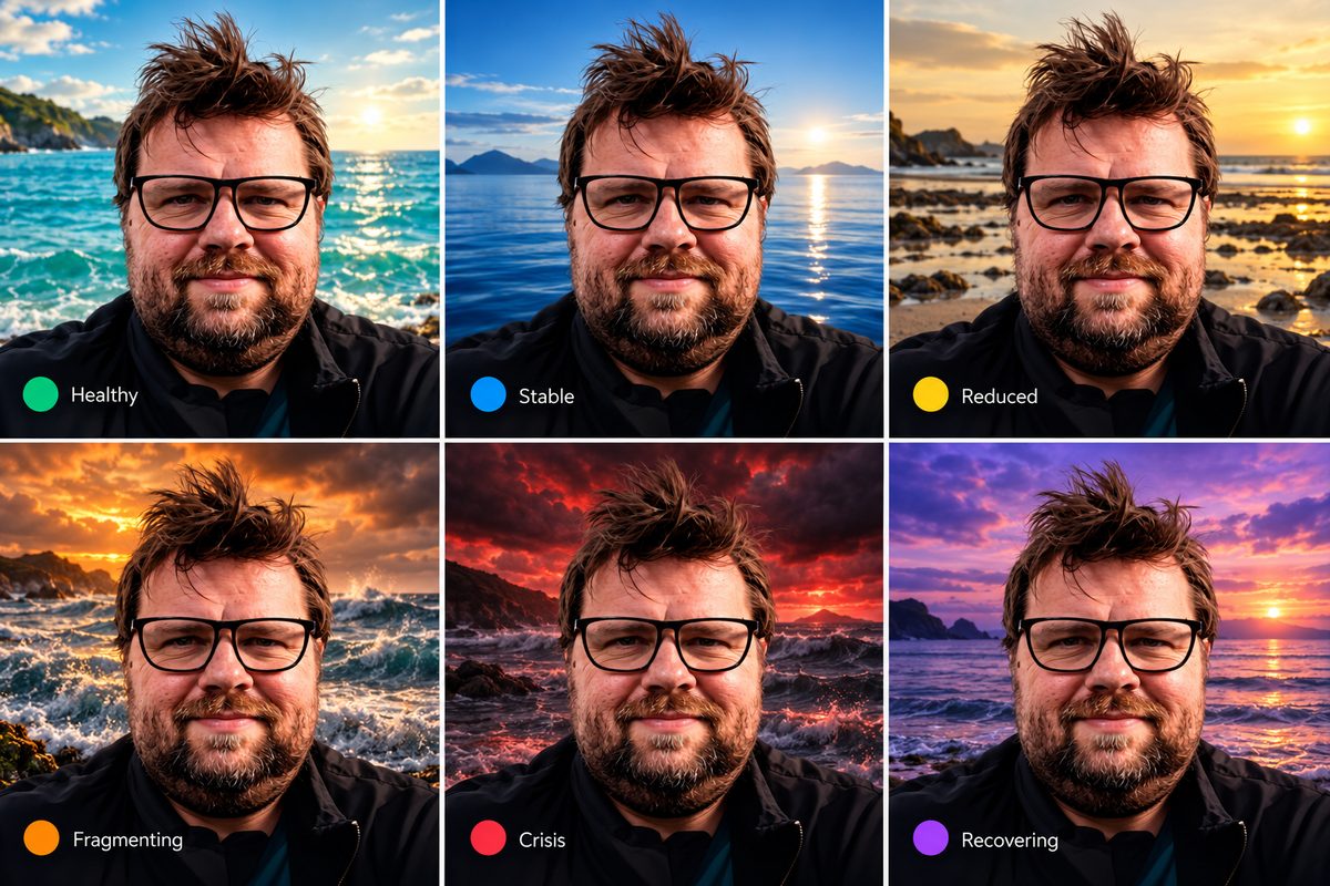 Six wellbeing states shown against ocean and sunset scenes