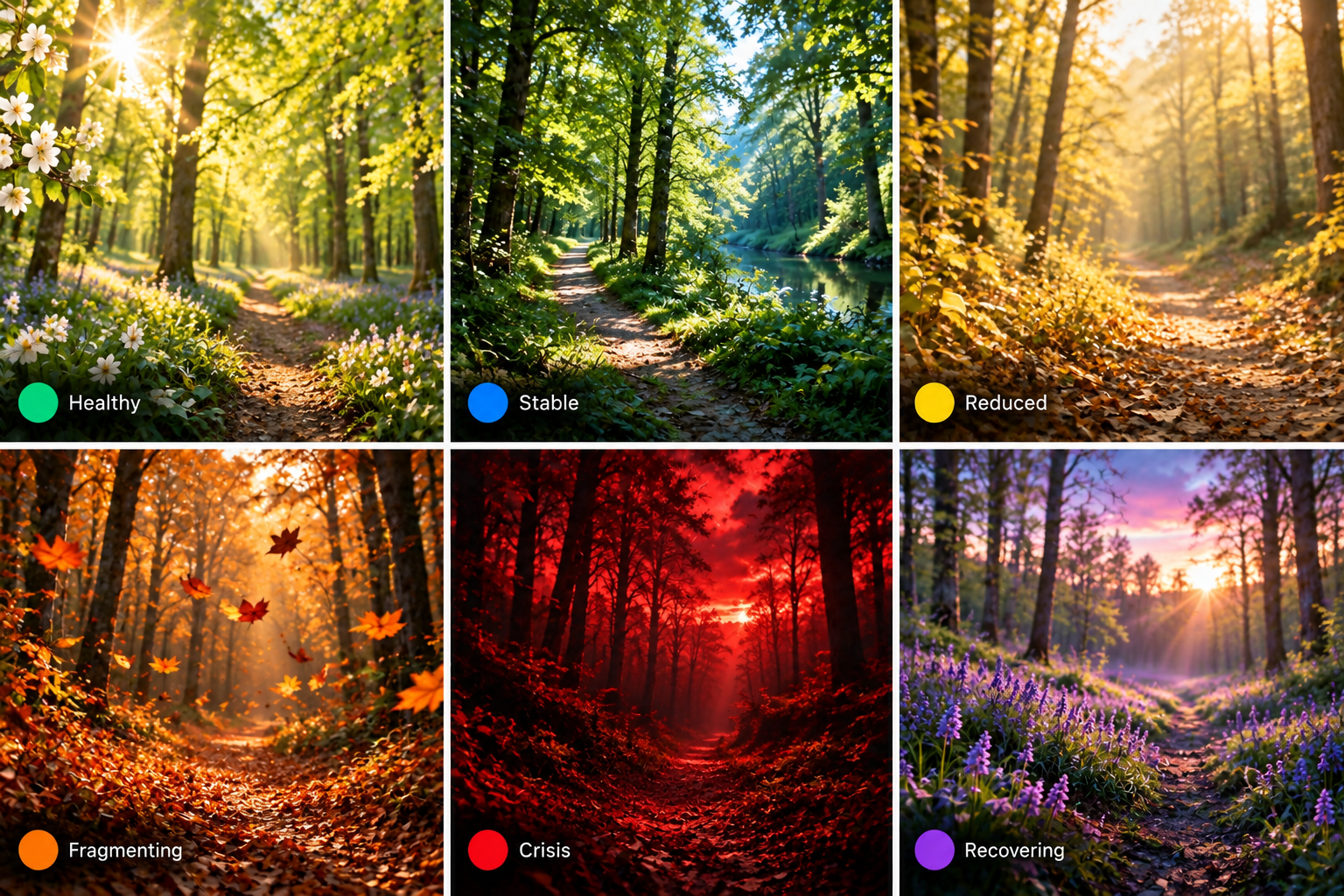 Six wellbeing states shown against seasonal forest scenes