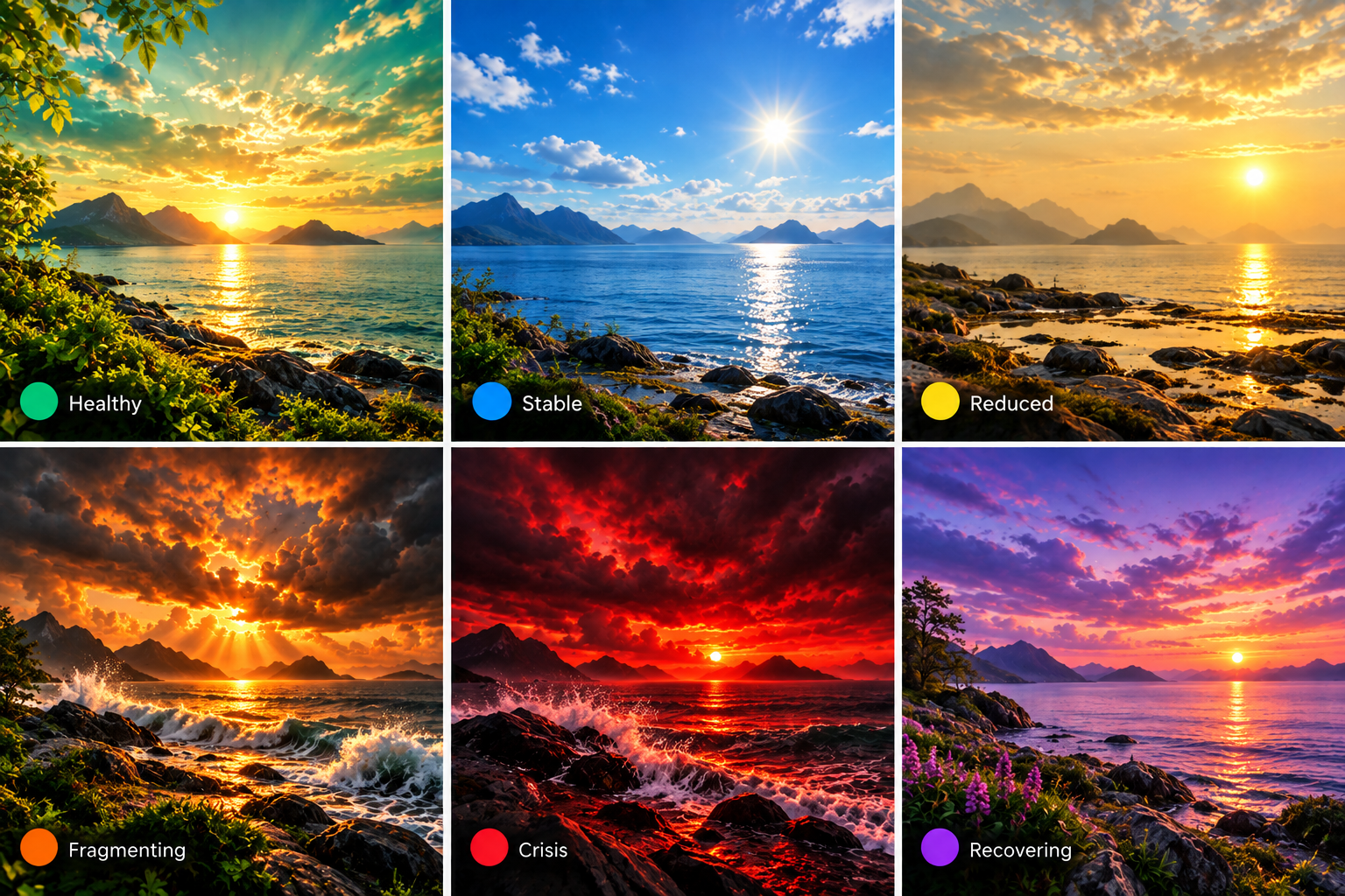 Six wellbeing states shown against bright coastal scenes