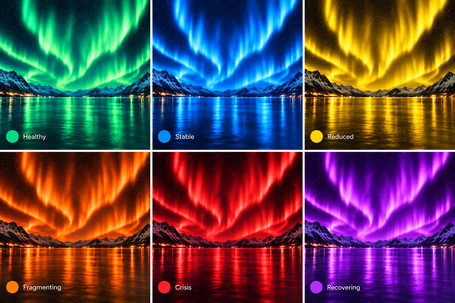 Six wellbeing states shown against aurora colour fields