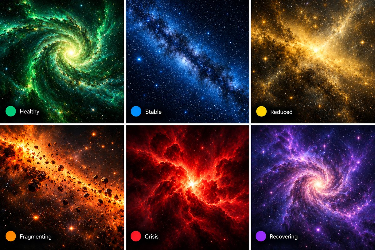 Six wellbeing states shown against deep space galaxy scenes